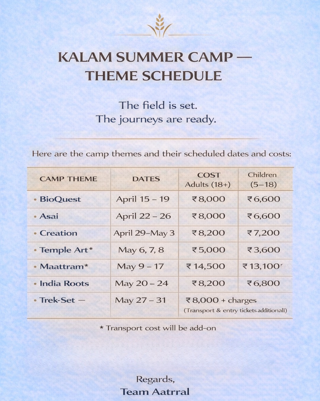 Kalam 2026 summer camp Fee Chart