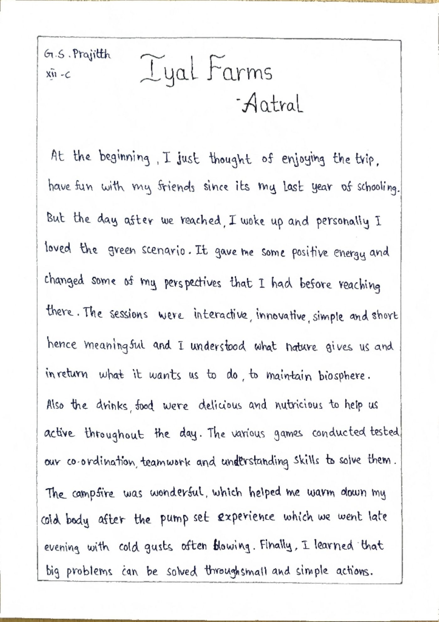 Handwritten letter from Prajith